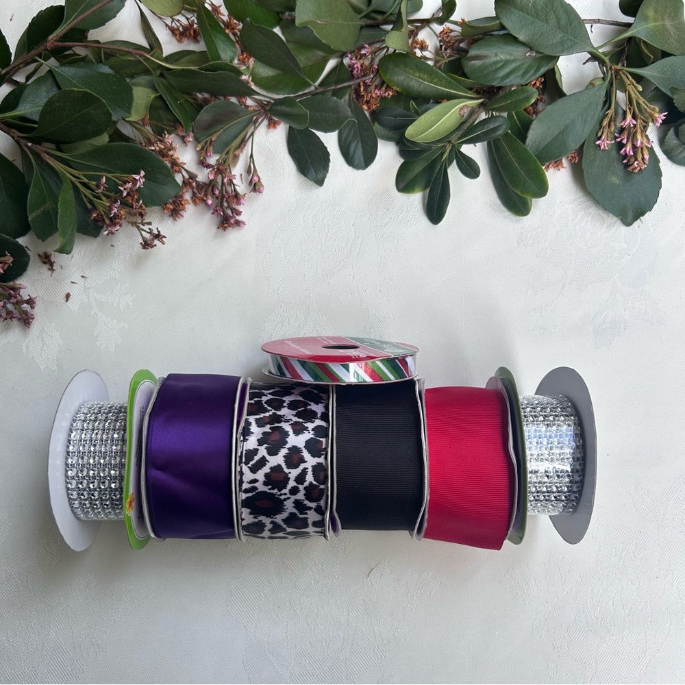 Assorted Decorative Ribbon Lot- Purple, Leopard, Black, Red & Diamond Wrap